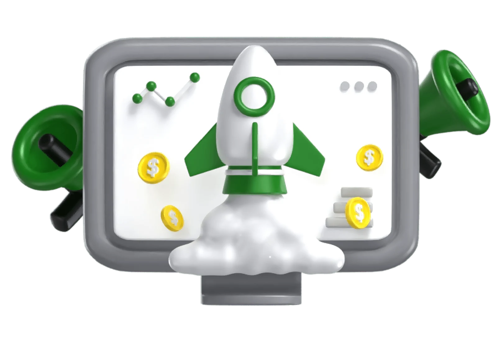 Ilustración 3D de un cohete despegando desde un monitor con métricas de marketing